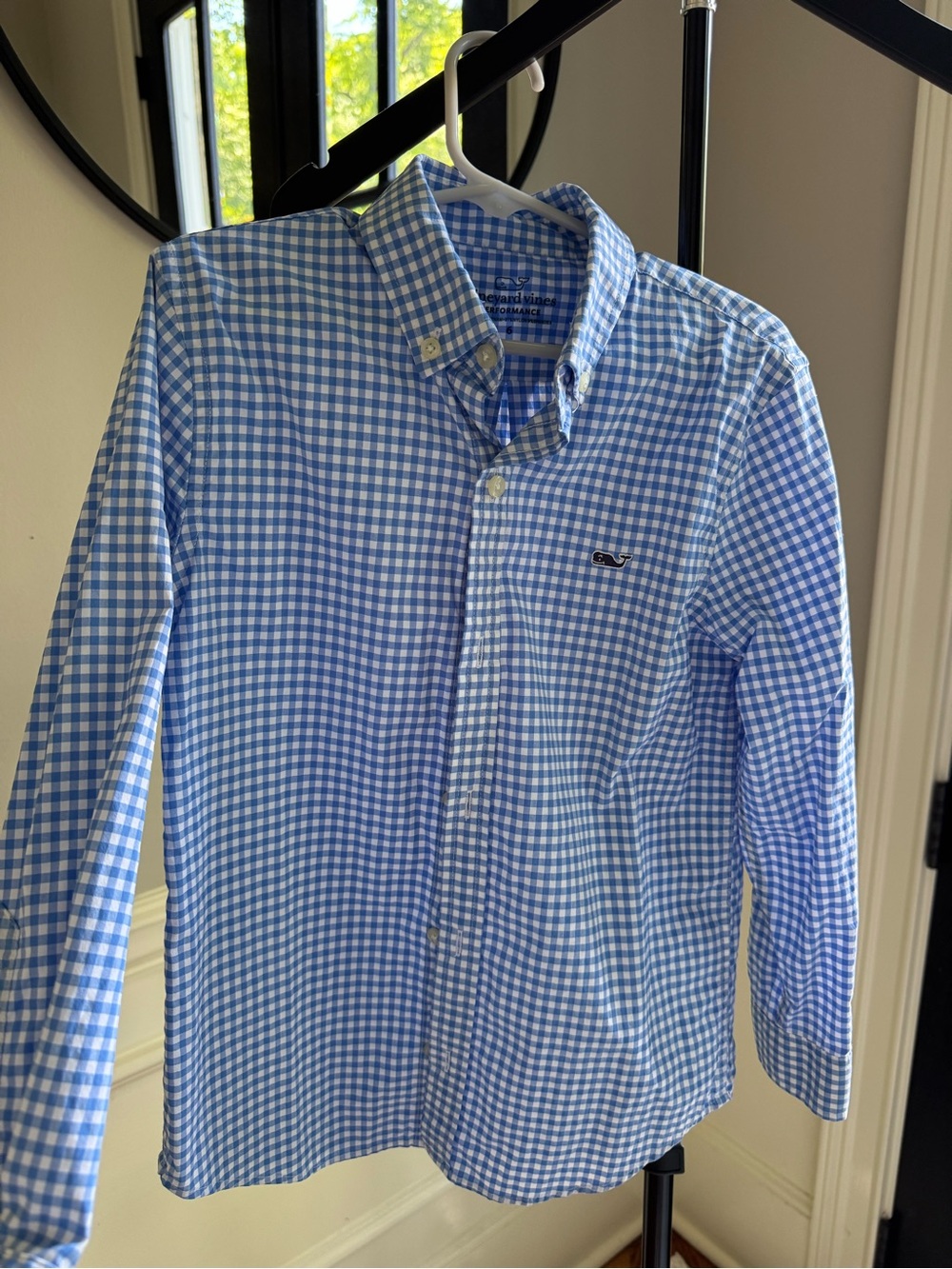 Vineyard Vines Boys Performance Blue and White Gingham Button-Down Shirt